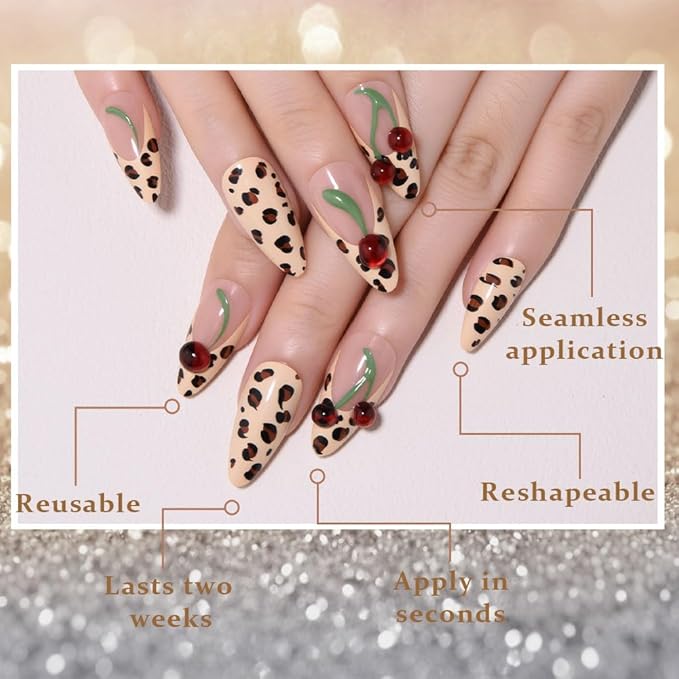 Handmade 3D Cherry Leopard Print Press On Nails Medium Almond, Cheetah French Tip Designer Reusable Acrylic Fake Nails With Glue On Nail, Nails Press Ons Daily Wear False Nails For Women