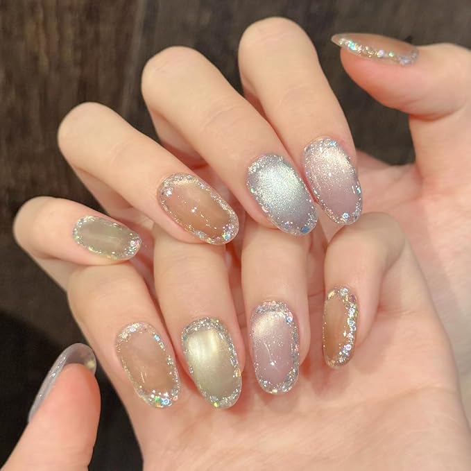 Handmade Press on Nails Almond Medium handmade nails Cat's Eye Fake Nails Colorful Sparkly Cute Acrylic Nails for Women 10pcs (Size M）