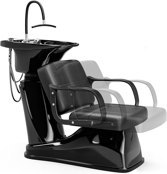 SyyBhb Shampoo Chair and Bowl for Salon, Head Spa Waterfall and Sprayer, Tilting ABS Bowl, Distance Adjustable Seat, Barbershop Spa Equipment