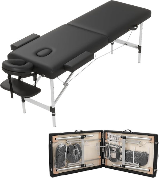 Massage Table Massage Bed, Portable 2 Section Foldable Tattoo Bed, Height Adjustable Lash Spa Bed with Face Cradle, Home Light Weight Facial Salon Bed with Aluminum Frame, Black
