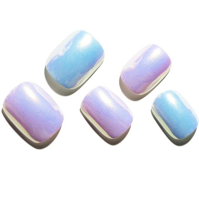 GLAMERMAID Extra Short Press on Nails 24PCS, Chrome Pink and Blue Fall Gel Glue on Nails, Glossy Round Reusable UV Finish Fake Nails Acrylic False Nails Manicure Kits for Women