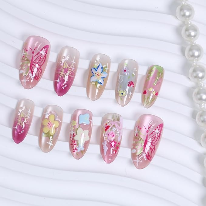 30Pcs Colorful Flower Press on Nails Medium Almond Fake Nails Butterfly Flower Press Ons with Pearl Rhinestones Glitter Full Cover Stick on Nail Cute False Nails Glue on Nails for Women Manicure Tips