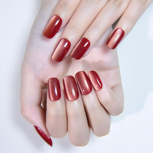 Cat Eye Red Press On Nails Medium Long Length Square, Designer Reusable Acrylic Fake Nail with Glue, Glossy Gel Nails Wedding Party, Stick On Glue On Nail, Nails Press Ons for Women