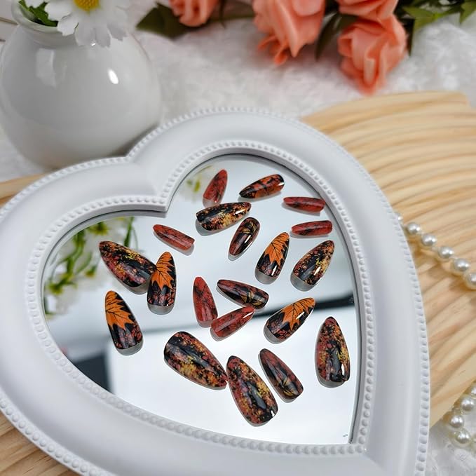 24Pcs Autumn Press on Nails Almond Medium Fake Nails Fall Leaves Acrylic Nails Maple Leaf Design Glossy Reusable Glue on Nail Full Cover Thanksgiving Stick on Nails for Women DIY Manicure