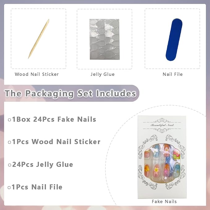 30Pcs 3D Flower Press on Nails Medium Almond Fake Nail with Gold Bead Heart Rhinestone Designs Hibiscus Floral Glue on Nails Colorful Acrylic Nail Cute Bow False Nail Summer Stick on Nails for Women