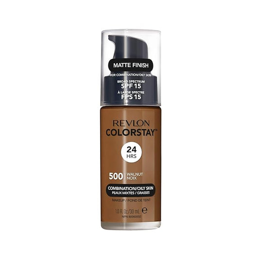 Revlon Liquid Foundation, ColorStay Face Makeup for Combination & Oily Skin, SPF 15, Medium-Full Coverage with Matte Finish, Walnut (500), 1.0 oz