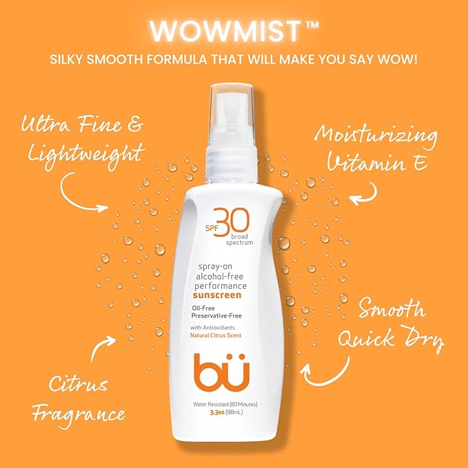BU SPF 30 Sunscreen Spray for Face and Body, Non Aerosol Spray, Clear WOWmist, TSA Travel Size Sunblock, Oil Free and Water Resistant for Sensitive Skin, Natural Citrus 3.3 oz