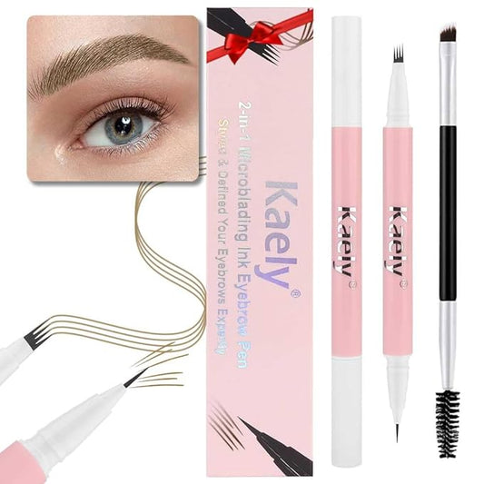 evpct 1Pcs Light Brown Magic Microblading Dual-Ended Eyebrow Contouring Pen Brow Pencil, with 4 Brush Micro-Fork-Tips Applicator and Precise Brush-Tip, Hair Like Strokes, with Dual-ended Eyebrow Brush