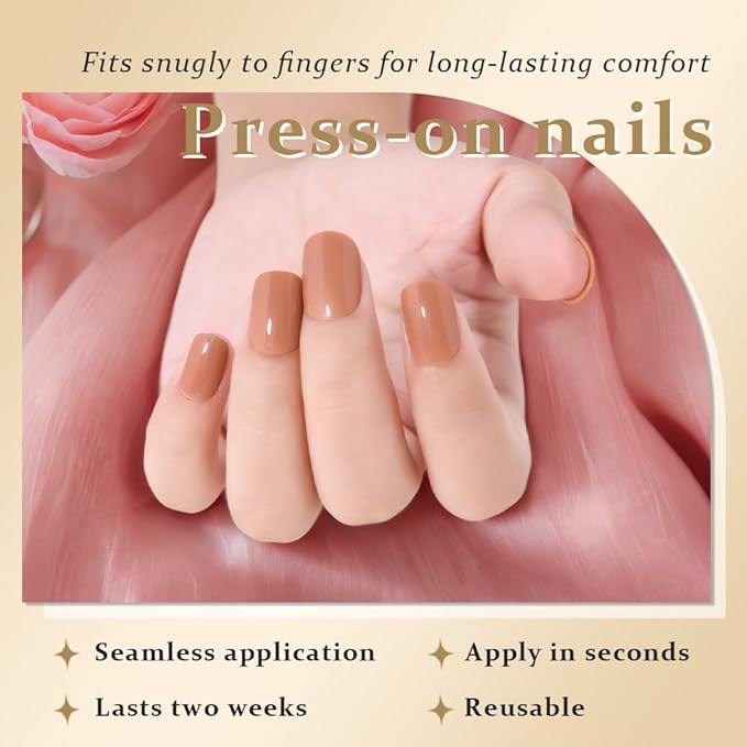 evpct Nude Brown Press on Nails Short Midium Oval for Women Gift, Glossy Brown Fake Nail with Soft Gel Salon Quality Reusable Stick on Nails Full Cover Artificial Nail Glue Soft Gel Set Kit 24Pcs, 02