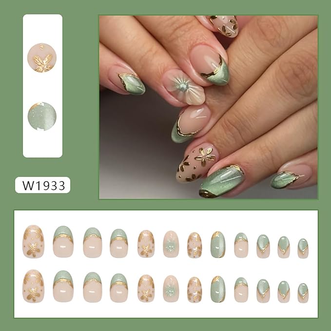 24Pcs Press on Nails Short Almond Fake Nails Nude with Gold Flower Design French Tip False Nails Glitter Stick on Nail Full Cover Cute Glue on Nail Acrylic Art Kit for Women DIY Manicure Kit