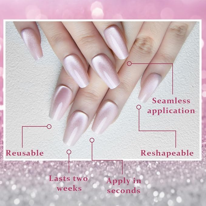 evpct Nude Cat Eye Coffin Press on Nails Square Medium, Medium Square Glue on Nail for Women Gift, Nude Metallic Glitter Glossy Reusable Summer Soft Gel Press on Acrylic Fake Nail with Designs