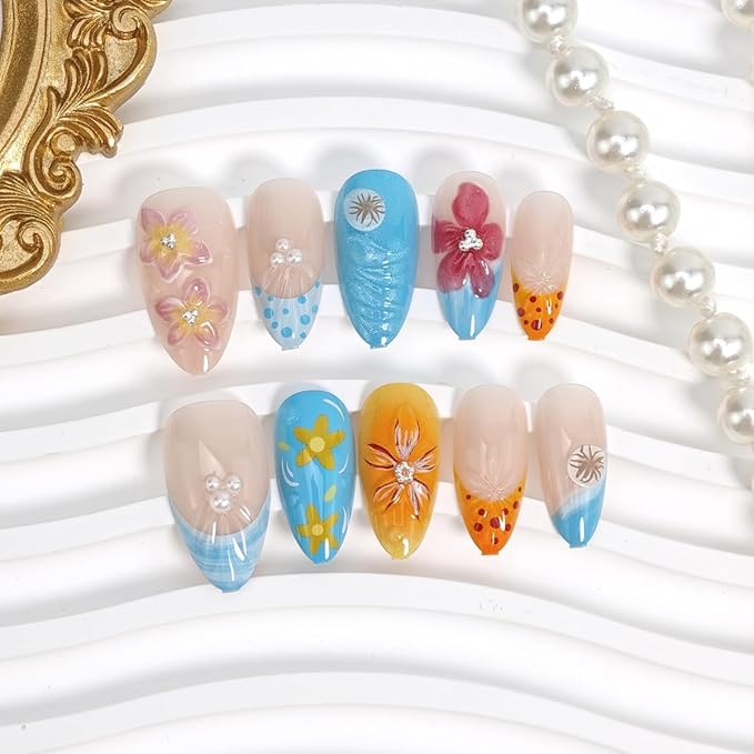 30Pcs Summer Beach Press on Nails Medium Almond Flower Fake Nails 3D Flowers Shell Rhinestones Designs Glitter Full Cover Stick on Nails French Tip False Nails for Women Girls Acrylic Manicure DIY