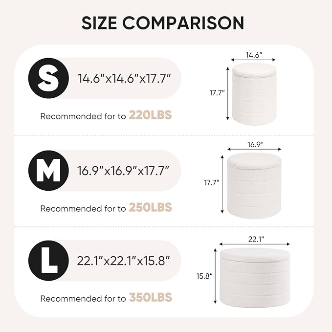 B FSOBEIIALEO Ottoman with Stroage, Round Sherpa Storage Ottoman Stool, Boucle Foot Rest 14.6"x14.6"x17.7"（White