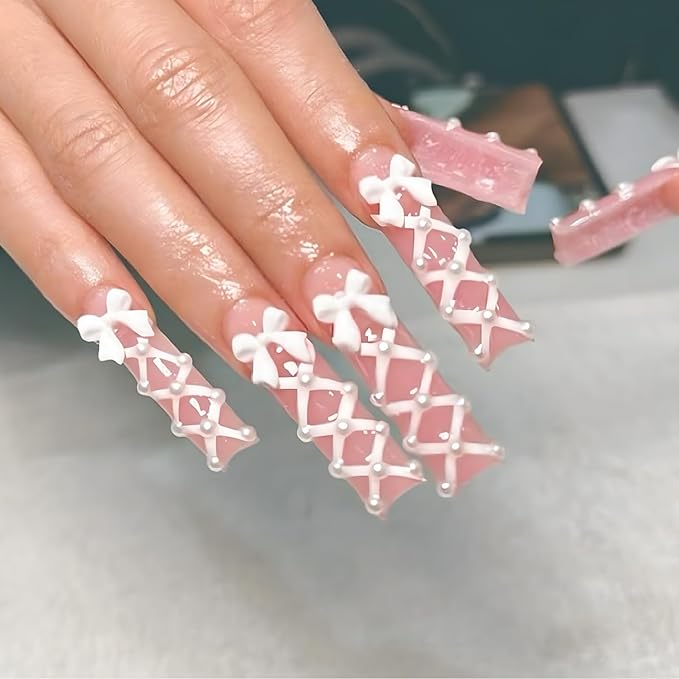 Long Press on Nails Square Fake Nails Cute False Nails Pink Artificial Nails with White Bow Designs Stick on Nails for Women 24pcs