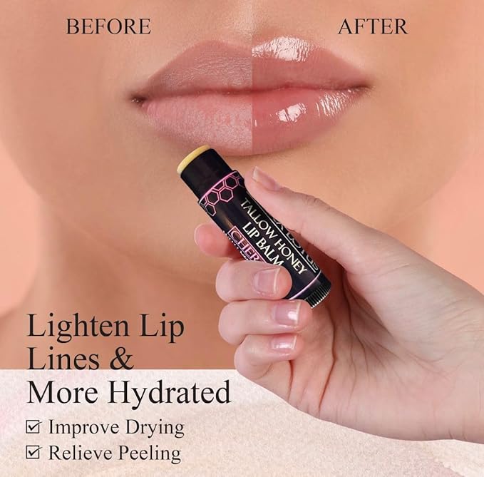 Organic Tallow Lip Balm (5 Pack) - Hydrating With Organic Italian Olive Oil, Pure Grass Fed Tallow, and Beeswax - Long Lasting Lip Therapy (5 Pack, Cherry)