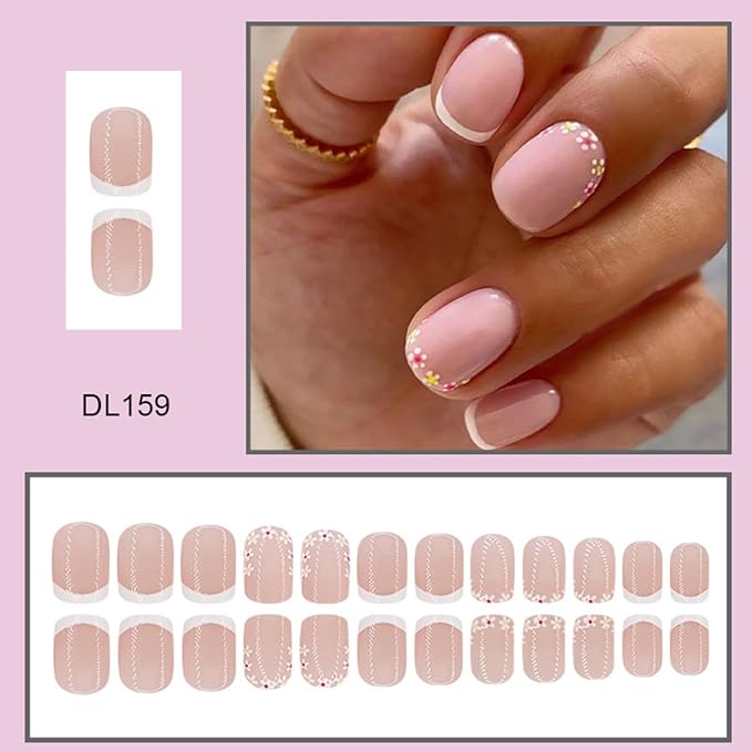 Short Press on Nails Square Fake Nails Natural Flower Glue on Nails Full Cover Nude Acrylic Nails with Spring Summer Design White French Tip False Nails for Women Girls DIY Manicure 24 Pcs