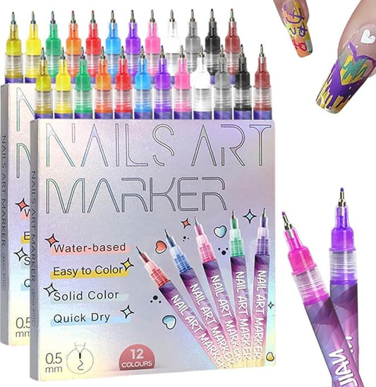 12 Colors Nail Art Pens Set, 2026 New Nail Art Markers Polish Pen for Drawing, Dotting, and Painting, DIY Nail Art Liner Brush Kit Manicure Tools (2 Set)