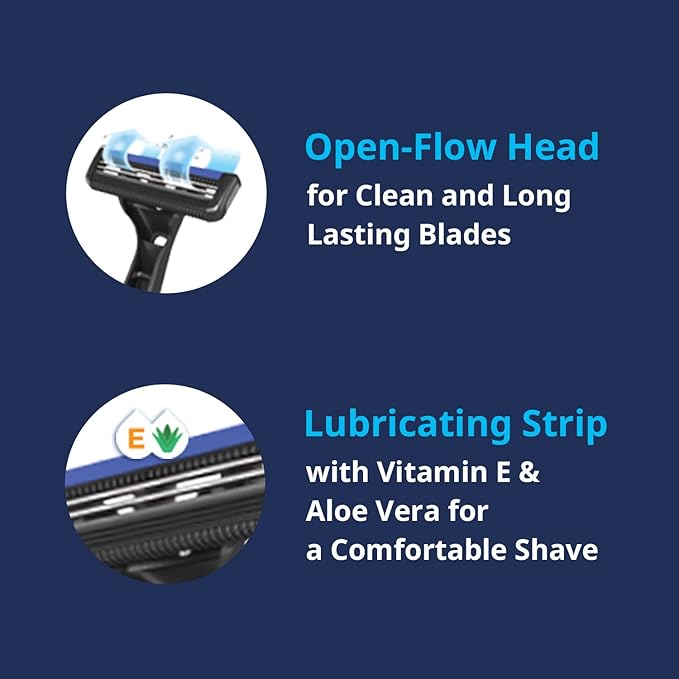 Dorco Pace 2 Plus Disposable Razor, 2 Blades, Pivoting Head, Open-Flow for Easy Rinsing, Lubricating Strip, Non-Slip Rubber Handle (30ct)