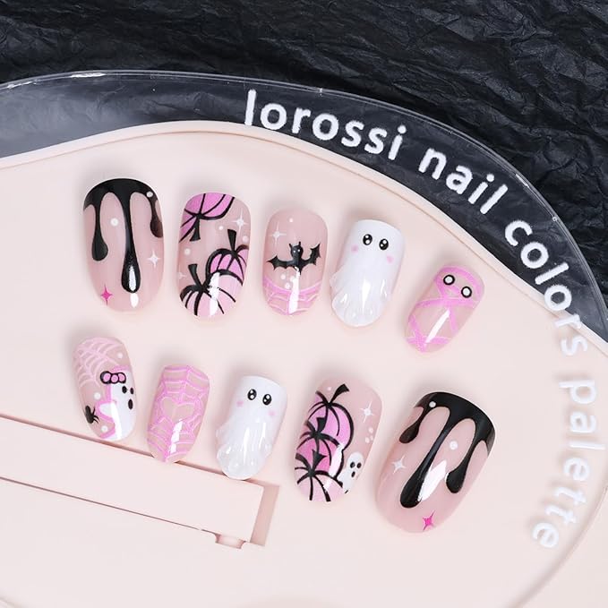 24Pcs Cute Ghost Press on Nails Short Pink French Tip Fake Nails Almond Shaped 3D Spooky with Pumpkin Bat Spider Web Mummy Design Full Cover Cute Halloween False Nails for Women Acrylic Manicure Tips