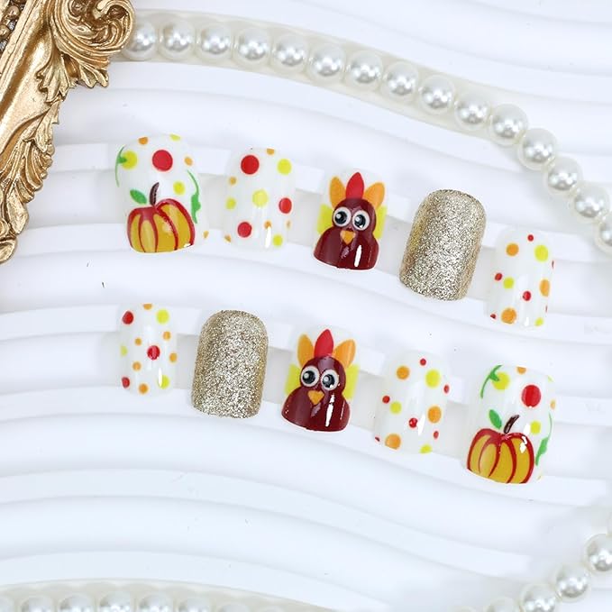 24Pcs Thanksgiving Press on Nails Petite Short Fake Nails Square Shaped Colorful Dots with Turkey Design Full Cover Artificial Fall Glue on Nails Autumn False Nails Stick on Nail for Acrylic Manicure