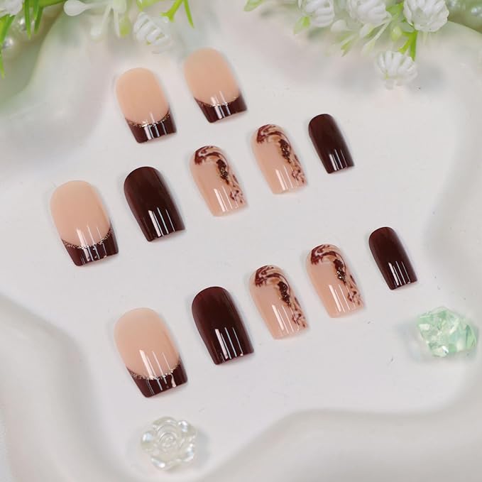 Fall Press on Nails Medium Square Fake Nails with Beach Designs Brown French Tip Nails Press ons Full Cover Acrylic Nails for Women 24Pcs