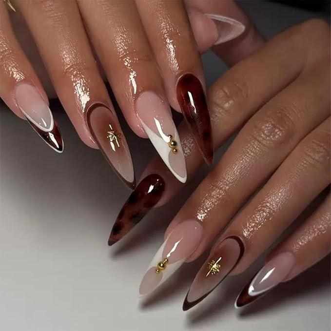 Stiletto Press on Nails Long Fake Nails French Tip with Brown Ombre Gold Starburst Design Glue on Glossy Acrylic Full Cover Stick on False Nails for Women 24 Pcs