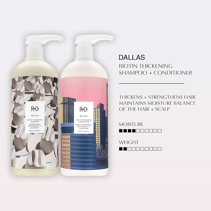 R+Co Dallas Biotin Thickening Shampoo & Conditioner Set + Deluxe Sample (0.5oz) | Adds Volume, Strength & Fullness | Sulfate-Free, Vegan + Cruelty-Free | 33.8oz (Pack of 2)