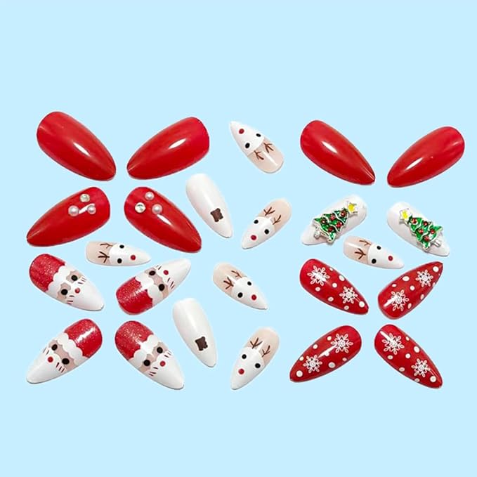 24Pcs Christmas Press on Nails Medium Almond False Nails Winter Artificial Glue on Nails with Xmas Tree Santa Claus Elk Designs Christmas Fake Nails Red White Full Cover Cute Stick on Nail for Women