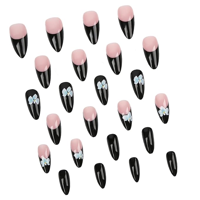 IMRAIN French Tip Press on Nails Medium Almond Fake Nails with Blue Flower Designs Black French False Nails Full Cover Glossy Glue on Nails Acrylic Artificial Nails for Women Girls Manicure