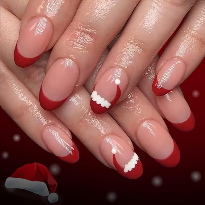 6 Packs (144 Pcs) Christmas Press on Nails Almond, Short Square Press on Nails, with Christmas Tree Snowflake Design Red Green Fake Nails for Women - 12 Sizes, 6 Styles