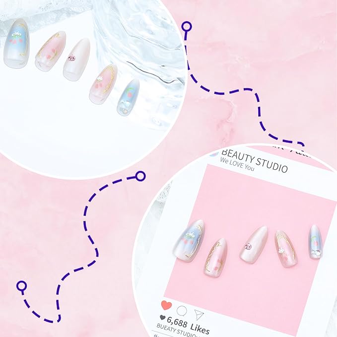 24pcs Pink Press on Nails Short Almond Fake Nails with Pearl Rhinestones Designs Flower False Nails Gold Line Stick on Nails Bow Acrylic Nails Summer Floral Full Cover Glue on Nails for Women