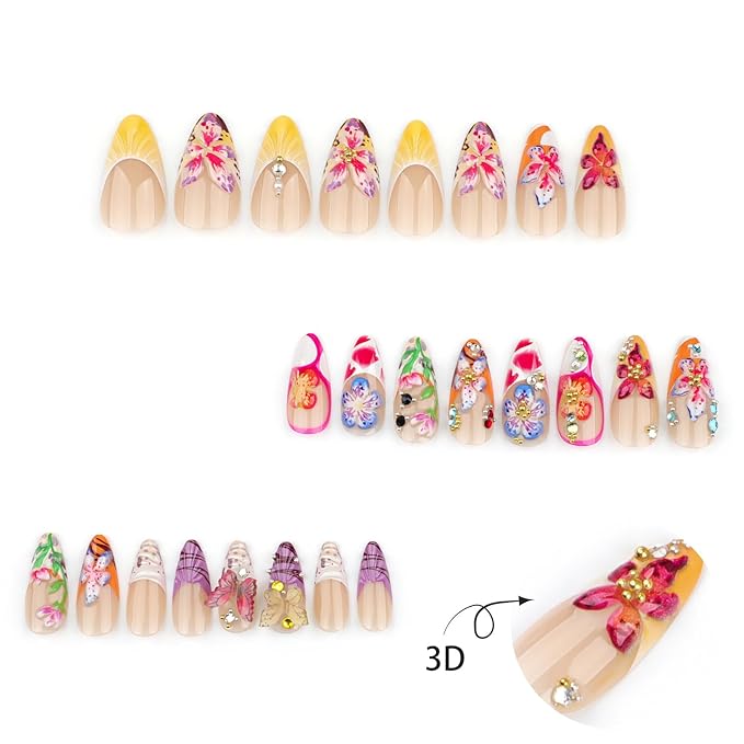 24Pcs Flower Press on Nails Medium Almond Fake Nails with 3D Colorful Spring Floral Butterfly Design Gold Beads Rhinestones Charms False Nails French Tips Glue on Nails for Women Daily Wear