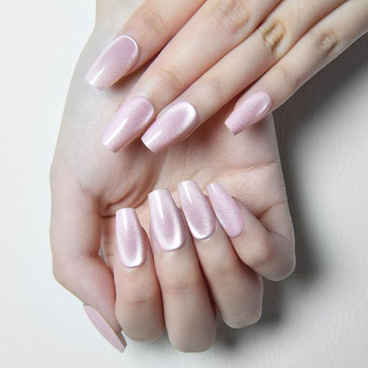 evpct Nude Cat Eye Coffin Press on Nails Square Medium, Medium Square Glue on Nail for Women Gift, Nude Metallic Glitter Glossy Reusable Summer Soft Gel Press on Acrylic Fake Nail with Designs