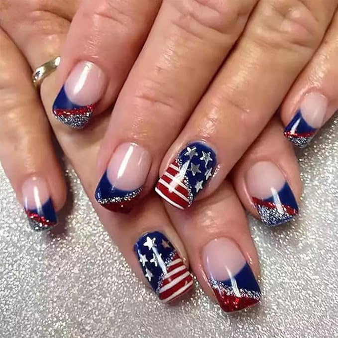 6 Packs (144 Pcs) 4th of July Press on Nails, Short Square Press on Nails, Star Fake Nails Red Blue Independence Day False Nails for Women, Stick on Nails Kit 12 Sizes-6Styles