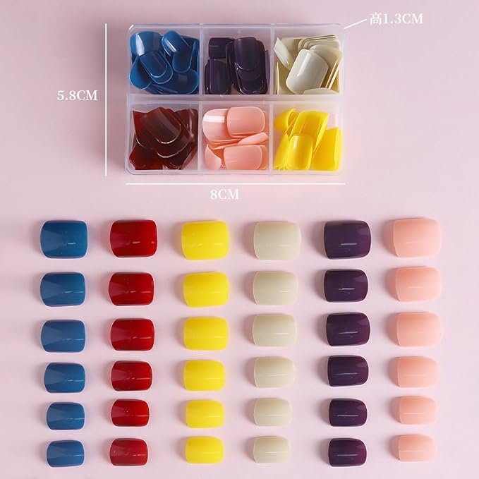 6 Packs（144 Pcs）Short Press on Nails Sqaure Fake Nails Full Cover False Nails Solid Color Glossy Acrylic Glue on Nails Stick on Nails Reusable Artificial Nails for Women Girls Manicure