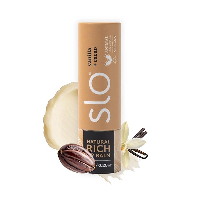 Slo | Natural Lip Balm - All Natural Ingredients, Vegan & Cruelty Free, Hydrating & Soothing, Plastic Free, Paper Packaging | Vanilla + Cacao, (0.28oz/8g)