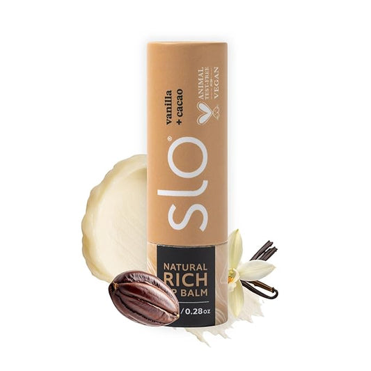 Slo | Natural Lip Balm - All Natural Ingredients, Vegan & Cruelty Free, Hydrating & Soothing, Plastic Free, Paper Packaging | Vanilla + Cacao, (0.28oz/8g)
