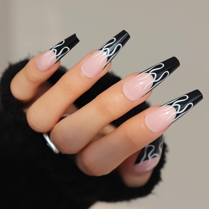 BABALAL Long Press on Nails Coffin Fake Nails Black French Tip Glue on Nails Glossy Acrylic Nails Gothic Falme Design Ballerina False Nails for Women and Girls