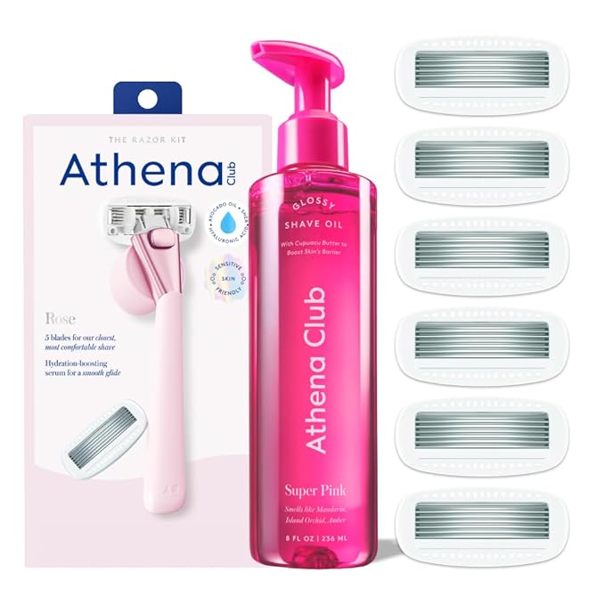 Women's Razor Shave Kit, 1 Rose Razor Handle + 6 Blade Refills + Super Pink Glossy Shave Oil