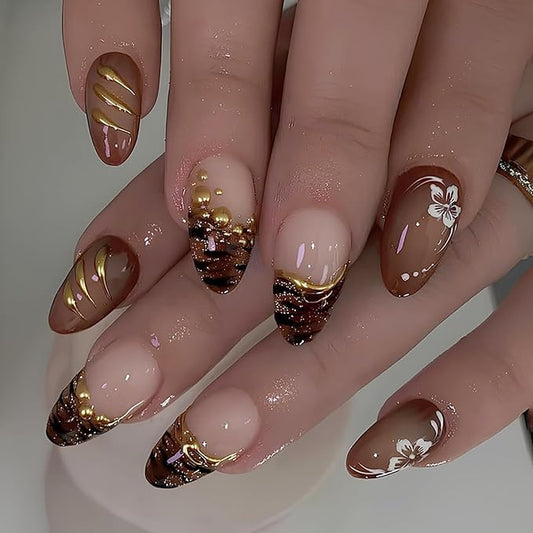 24Pcs French Tip Press on Nails Short Almond Fake Nails 3D Gold Beads Design Fall Flower Acrylic Nails Gold Chrome Line Full Cover False Nails Zebra Stripe Brown Glue on Nails Decoration for Women DIY