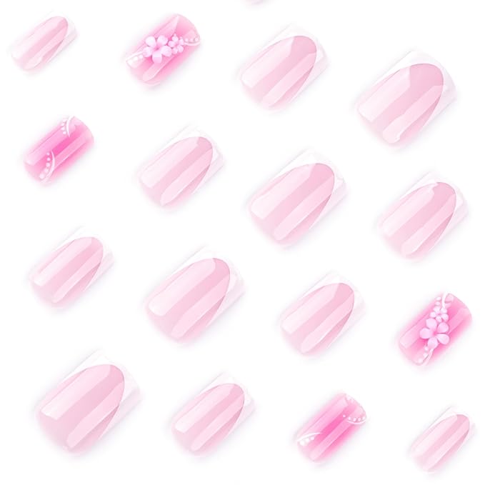 Deep French Tip Press On Nails Spring Summer Acrylic Nails for Women -3D Pink Flower Designer Fake Nails Short Square 24Pcs, Outing/Party Reusable Glue On Stick On Nail Gift For Women