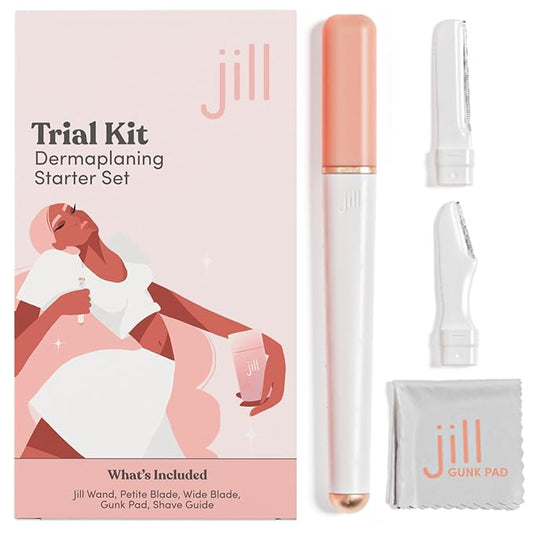Jill Dermaplane Razor Trial Kit | Facial Hair Removal Dermaplaning Kit Includes 1 Shave Wand, 2 Dermaplane Razors & Cleaning Cloth | Pre-Shave Magic Spray & Wipes Not Included