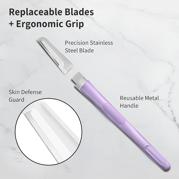 Dermaplane Razor for Women Face, Precision Face Razors for Women, Dermaplaning Tool, Gentle Exfoliation, Perfectly Shape Brows, Reusable Metal Handle with 8 Microblades, Purple