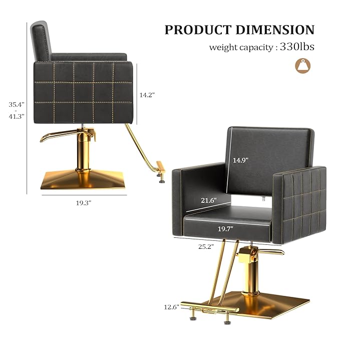 mefeir Black and Gold Barber Chair Hair Salon Chair with Heavy Duty Hydraulic Pump, Square Base, Stainless Steel Footrest,Styling Chair for Beauty Spa Hairdressing Braiding