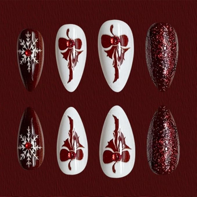 Press on Nails Red Almond Fake Nails French Tip False Nails Press ons with Wine Red Bow Snowflake Designs Medium Artificial Acrylic Nails Glitter Full Cover Glue on Nail for Women Manicure 24 Pcs
