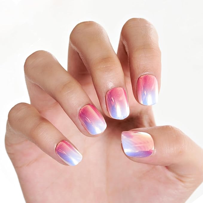 GLAMERMAID Extra Short Press on Nails 24PCS, Pink Blue Chrome Fall Gel Glue on Nails, Glossy Round Reusable UV Finish Fake Nails Acrylic False Nails Manicure Kits for Women