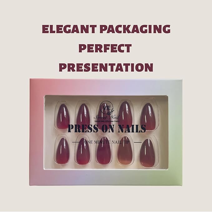 30PCS Short Almond Press-On Nails – Burgundy Fake Nails with 15 Sizes, Soft Back Edge & Durable Tip, No Measuring Needed, Reusable Stick-On Nail Tips for Women