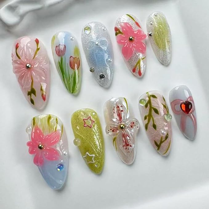 30Pcs 3D Handmade Press on Nails Medium Almond Fake Nails with Flower Pearl Rhinestones Designs Summer Glue on Nails Cute Acrylic Nails Press ons False Nails Colorful Floral Stick on Nails for Women