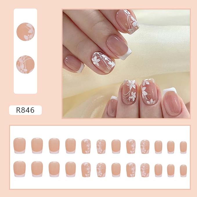 French Tip Press on Nails Square Fake Nails Short False Nails with Flower Design Nude Acrylic Nails Glue on Nails Full Cover Artificial Nails Stick on Nails Reusable for Women Manicure Art 24Pcs