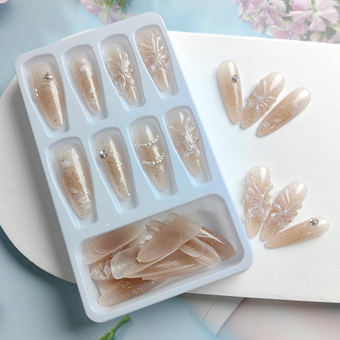 24Pcs Long Press on Nails Almond Fake Nails 3D Pearl Butterfly Glue on Nails White Flower False Nails Gradient Design Nude Artificial Stick on Nails Rhinestones Acrylic Nails for Women Girls Manicure